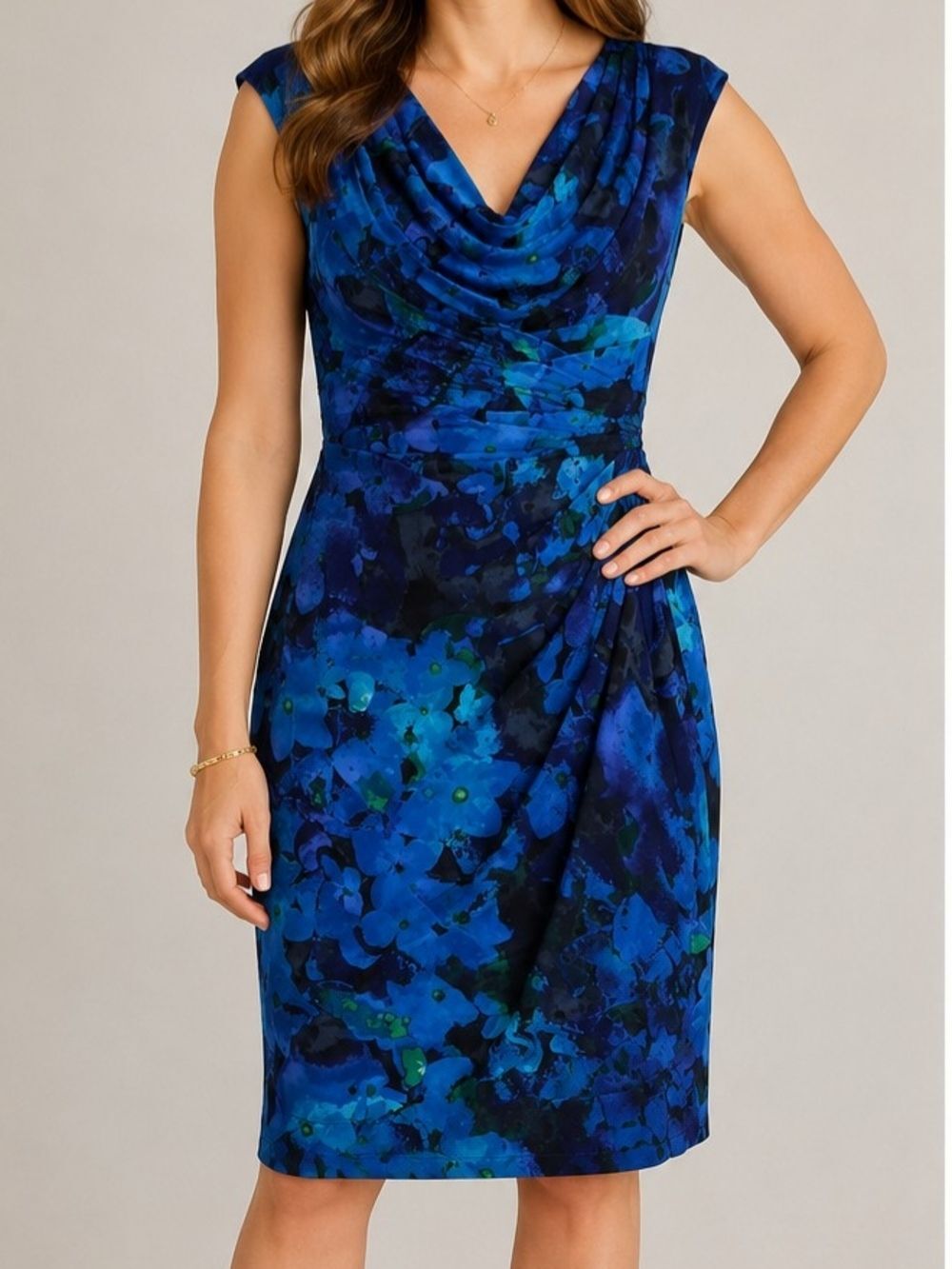 Lauren Ralph Lauren Blue Floral Sheath Dress Size 10P Petite Cowl Neck Career Co